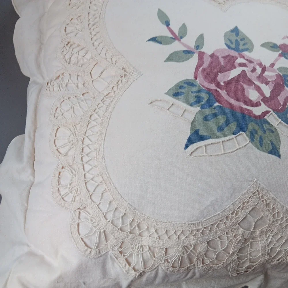 Romantic Pillow LINEN Cotton Cutwork Rose Enter Beige Ruffle Prairie Cottagecore - Picture 4 of 8